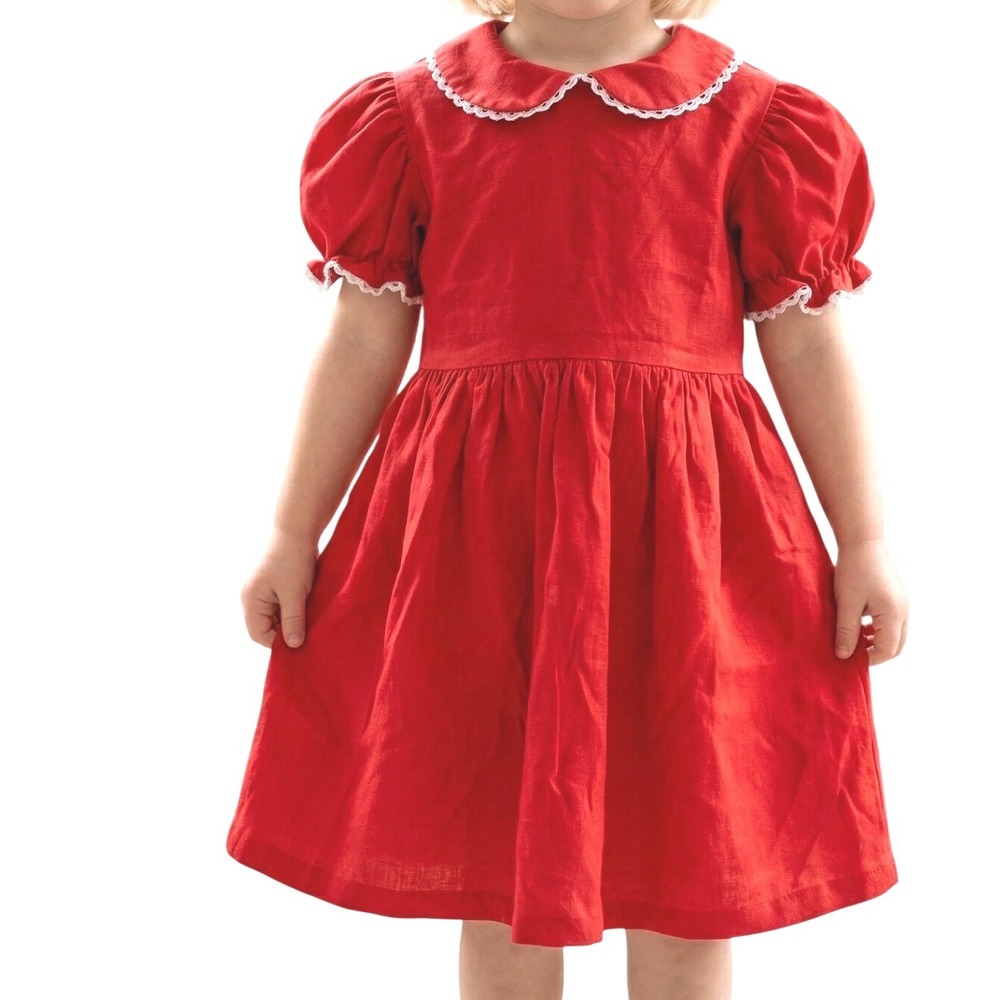 Vintage Nannette Girls Red Puff Sleeve Eyelet Lace Peter Pan Collar Dress 4t 4